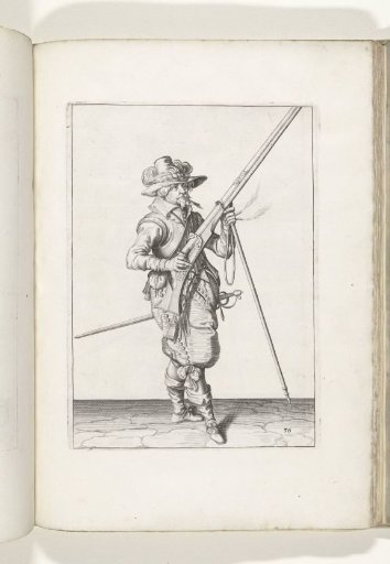 Soldier on guard holding his musket diagonally upward with his right hand, while placing the barrel on his fork with his left hand (no. 36), ca. 1600
