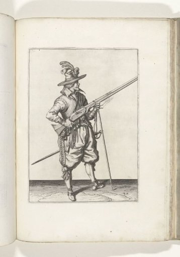 Soldier on guard holding his musket diagonally upward at his right side, finger on the trigger (no. 37), ca. 1600