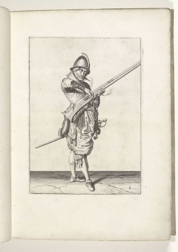 Soldier adjusting the match on the cock of his musket to the correct position and shape (no. 8), ca. 1600