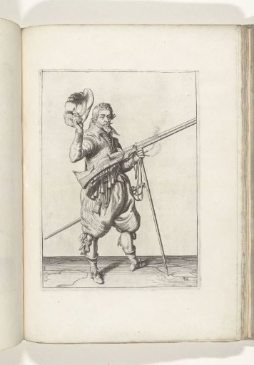Soldier on guard holding his musket diagonally upward at his right side with his left hand, while removing his hat with his right hand (no. 38), ca. 1600