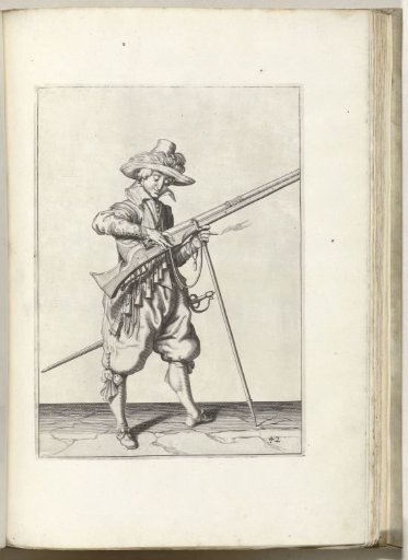 Soldier on guard shaping the match on the hammer of his musket to the correct position and form (no. 42), ca. 1600