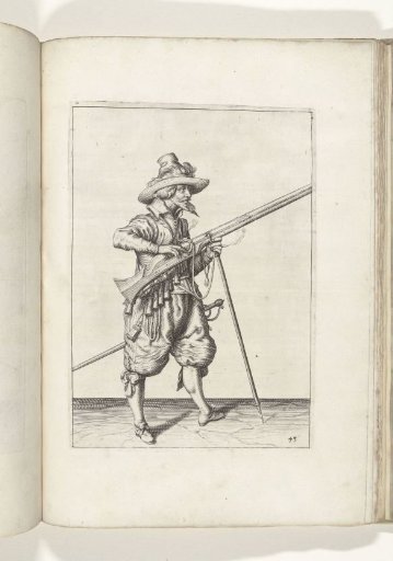 Soldier on guard covering the pan of his musket with two fingers against sparks (no. 43), ca. 1600