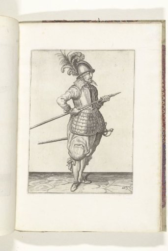 Soldier carrying his spear with both hands at his right side, the point angled upwards and close to his stomach (no. 20), ca. 1600
