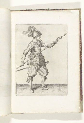 Soldier thrusting his spear forward by moving his right hand from the point to the foot of the weapon (no. 23), ca. 1600
