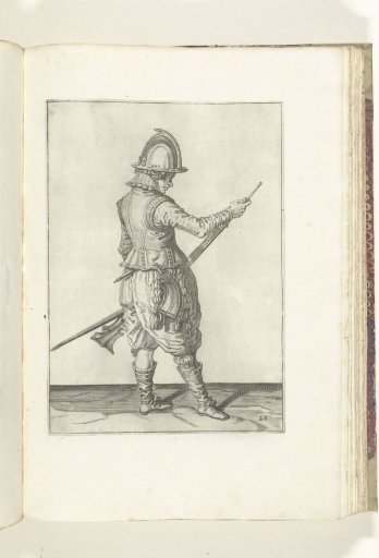 Soldier pushing powder and ball into the barrel of his musket with his ramrod (no. 26), ca. 1600