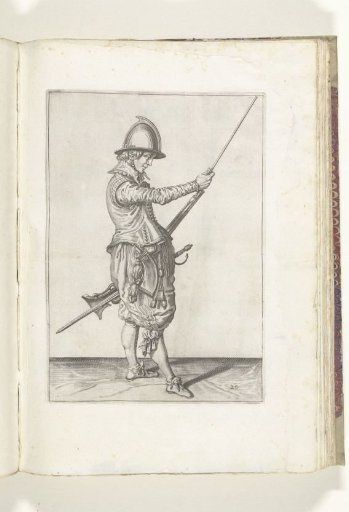 Soldier sliding his ramrod into the holder under the barrel of his musket (no. 29), ca. 1600