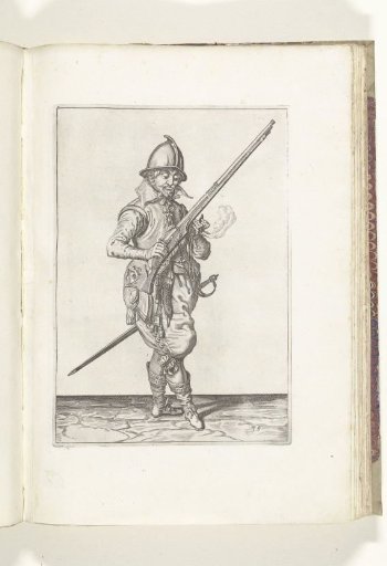 Soldier on guard holding his musket diagonally upward with his right hand, while letting the barrel fall in his left hand (no. 35), ca. 1600