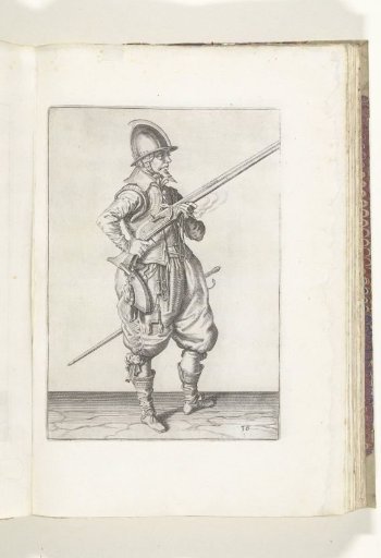 Soldier on guard holding his musket diagonally upward at his right side, finger on the trigger (no. 36), ca. 1600