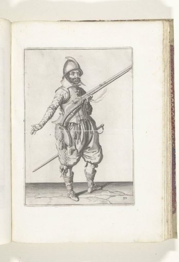 Soldier on guard holding his musket diagonally upward at his right side with his left hand, his right hand extended (no. 37), ca. 1600