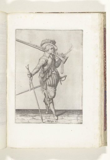 Soldier carrying his musket on his left shoulder and holding his fork in his right hand (no. 1), ca. 1600