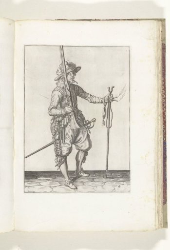 Soldier holding his musket upright with his right hand, placing his fork in his left hand to support his weapon (no. 4), ca. 1600