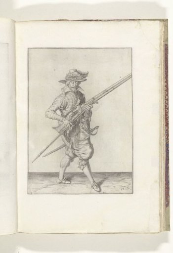 Soldier holding his musket diagonally upward with his left hand while withdrawing his fork from under the barrel with his right hand (no. 13), ca. 1600