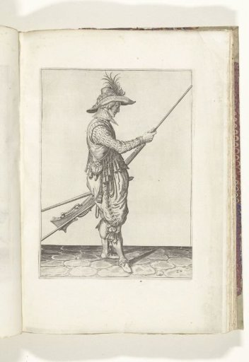 Soldier pushing powder and ball into the barrel of his musket with his ramrod (no. 27), ca. 1600
