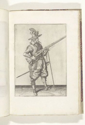 Soldier on guard holding his musket diagonally upward at his right side, finger on the trigger (no. 37), ca. 1600