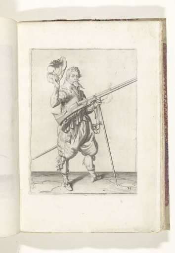 Soldier on guard holding his musket diagonally upward at his right side with his left hand, while removing his hat with his right hand (no. 38), ca. 1600