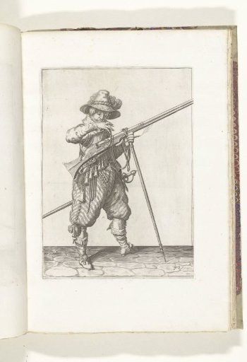 Soldier on guard with a musket bringing the match to his mouth to blow it clean (no. 40), ca. 1600