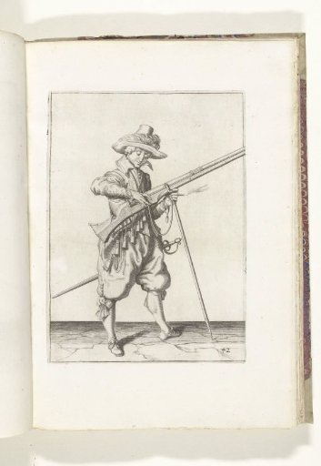 Soldier on guard shaping the match on the cock of his musket to the correct position and form (no. 42), ca. 1600
