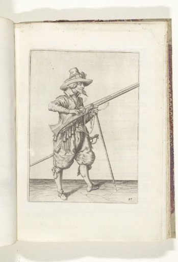 Soldier on guard covering the pan of his musket with two fingers against sparks (no. 43), ca. 1600