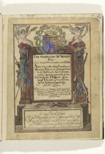 Drawn title page for an English edition of Jacob de Gheyn's Wapenhandelinghe van Roers Musquetten ende spiessen, 1608