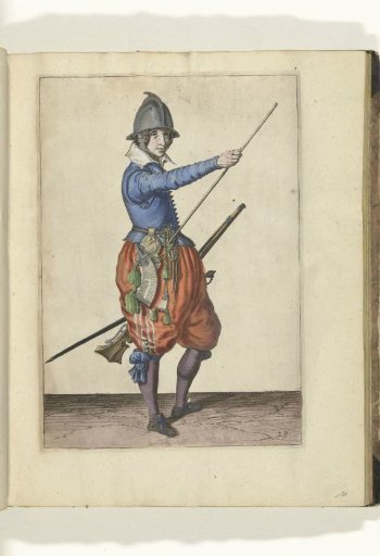 Soldier with a matchlock sliding his right hand to the end of his ramrod (no. 28), ca. 1600
