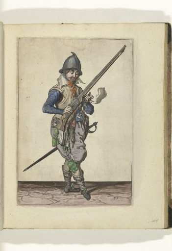 Soldier on guard holding his matchlock diagonally upward with his right hand, letting the barrel fall in his left hand (no. 35), ca. 1600