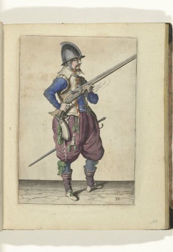 Soldier on guard holding his matchlock diagonally upward at his right side, finger on the trigger (no. 36), ca. 1600