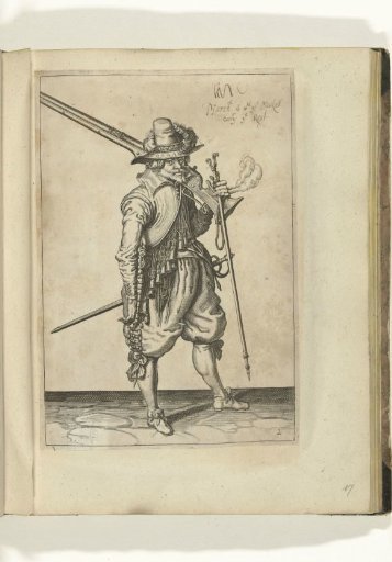 Soldier carrying his musket on his left shoulder and holding his fork in his left hand (no. 2), ca. 1600