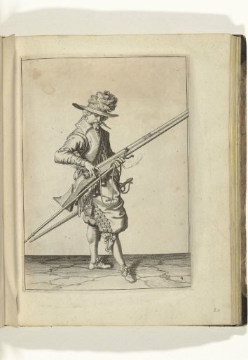 Soldier shaping the match on the cock of his musket to the correct position and form (no. 9), ca. 1600
