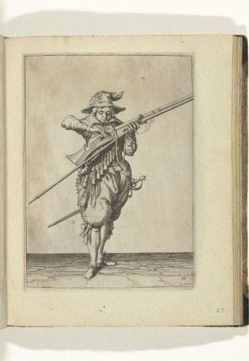 Soldier blowing his match clean while covering the pan of his musket with two fingers against sparks (no. 10), ca. 1600