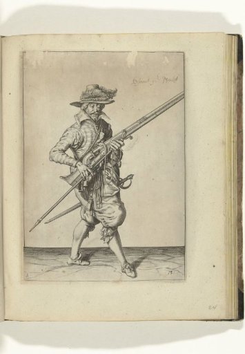 Soldier holding his musket diagonally upward with his left hand, while drawing his fork from under the barrel (no. 13), ca. 1600
