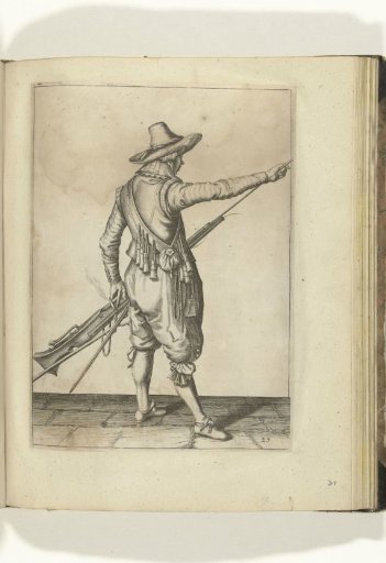 Soldier taking his ramrod from the holder under the barrel of his musket (no. 25), ca. 1600
