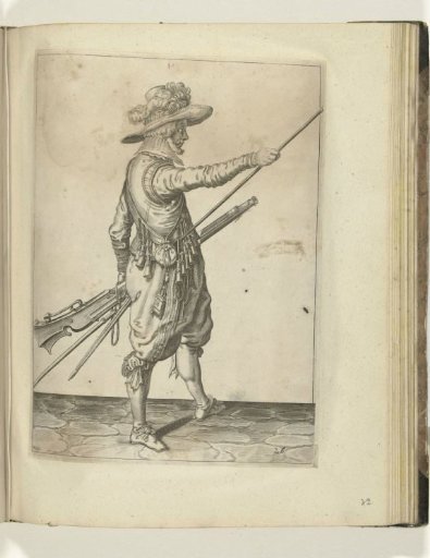 Soldier with a musket sliding his right hand to the end of his ramrod (no. 26), ca. 1600