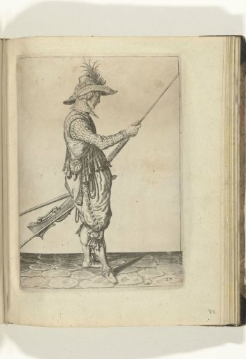 Soldier ramming powder and ball into the barrel of his musket with his ramrod (no. 27), ca. 1600