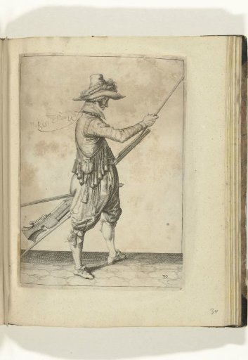Soldier sliding his ramrod into the holder under the barrel of his musket (no. 30), ca. 1600