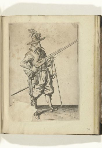 Soldier on guard holding his musket diagonally upward at his right side, finger on the trigger (no. 37), ca. 1600