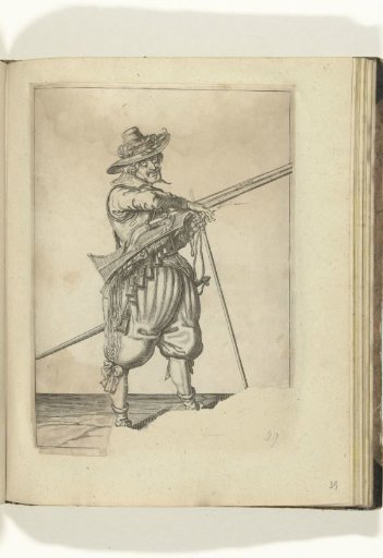 Soldier on guard with a musket taking hold of his match (no. 39), ca. 1600