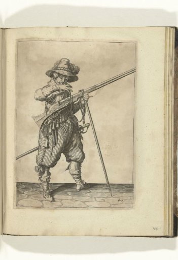 Soldier on guard with a musket bringing his match to his mouth to blow it clean (no. 40), ca. 1600