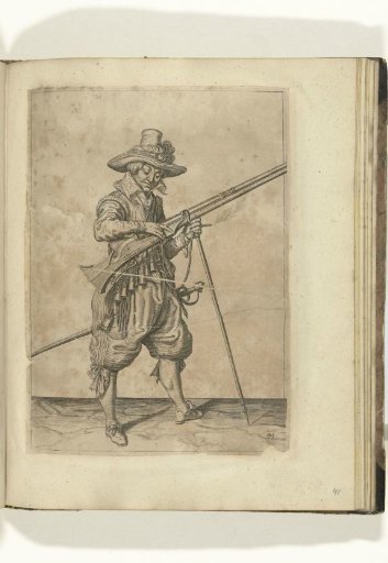 Soldier on guard pressing his match onto the cock of his musket (no. 41), ca. 1600