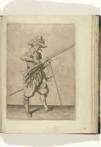 Soldier adjusting the match on the cock of his musket (no. 42), ca. 1600