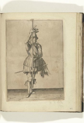 Soldier, seen from the front, holding his pike upright with both hands just above the ground (no. 2), ca. 1600