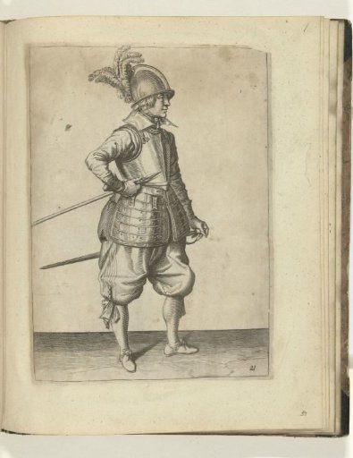 Soldier carrying his pike with his right hand at his right side, the point angled upwards and close to his stomach (no. 21), ca. 1600