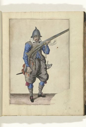 Soldier blowing sparks from the pan of his matchlock (no. 15), ca. 1600