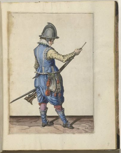 Soldier ramming powder and ball into the barrel of his matchlock with his ramrod (no. 26), ca. 1600