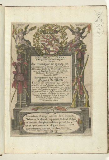 Title page for a French edition of Jacob de Gheyn's Wapenhandelinghe van Roers Musquetten ende spiessen, 1608