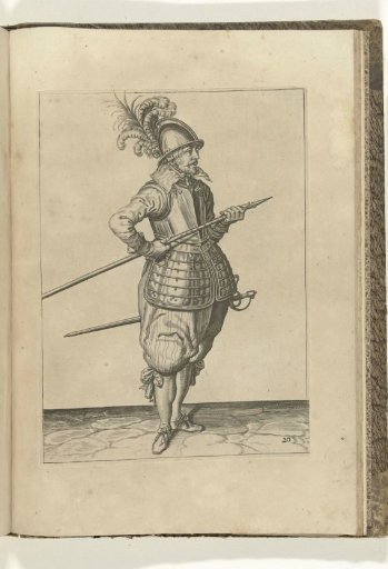 Soldier carrying his spear with both hands at his right side, the point angled upward and close to his abdomen (no. 20), ca. 1600