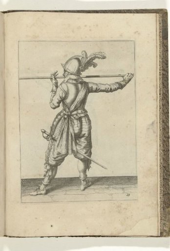 Soldier, seen from the back, carrying his spear with both hands horizontally at nose height, his right hand at the base of the weapon, his face turned to the left (no. 29), ca. 1600