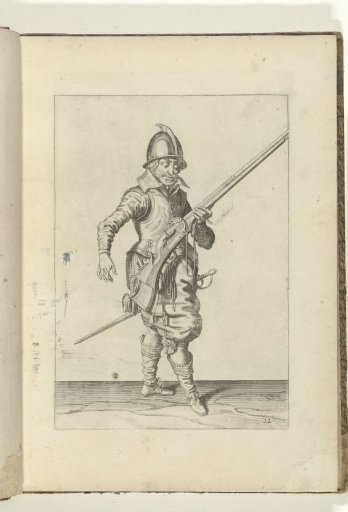 Soldier holding his arquebus diagonally upwards with his left hand (no. 12), ca. 1600.