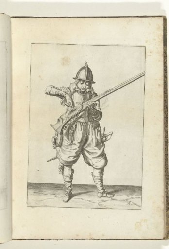 Soldier pouring powder into the pan of his arquebus (no. 16), ca. 1600.