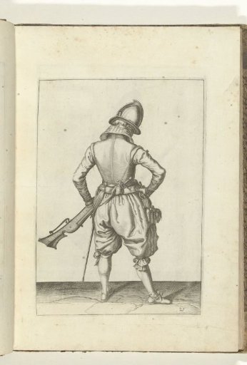 Soldier with an arquebus picking up his powder horn (no. 21), ca. 1600.