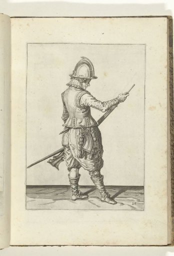 Soldier pushing powder and ball into the barrel of his arquebus with his ramrod (no. 26), ca. 1600.